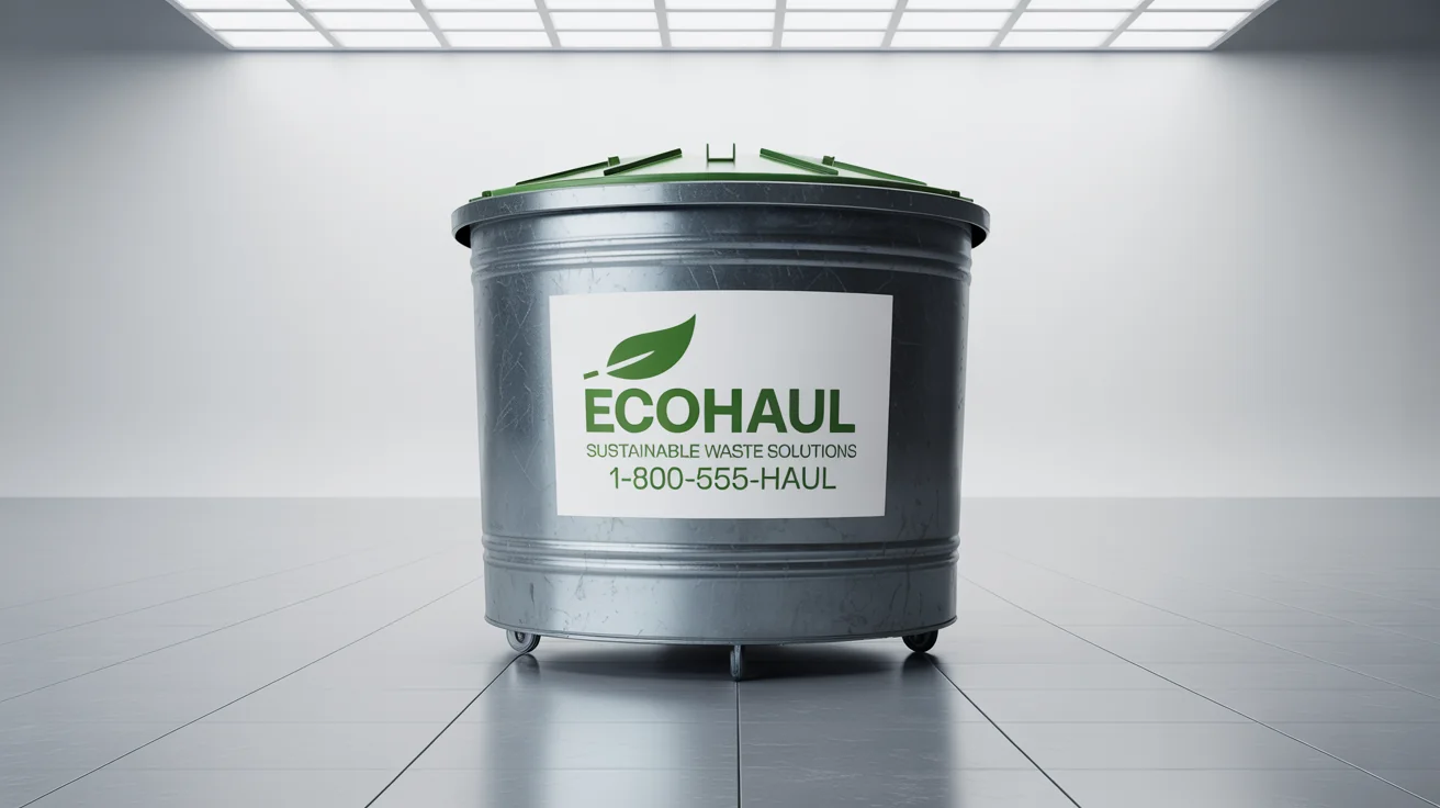 A clean, dark gray industrial dumpster featuring a professional green and white decal for a company called 'EcoHaul Sustainable Waste Solutions', set against a plain white background.