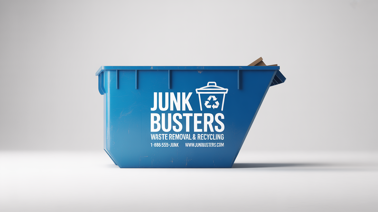 A photorealistic mockup of a clean blue industrial dumpster with a 'JUNK BUSTERS' decal, including contact information, displayed on a plain white background.