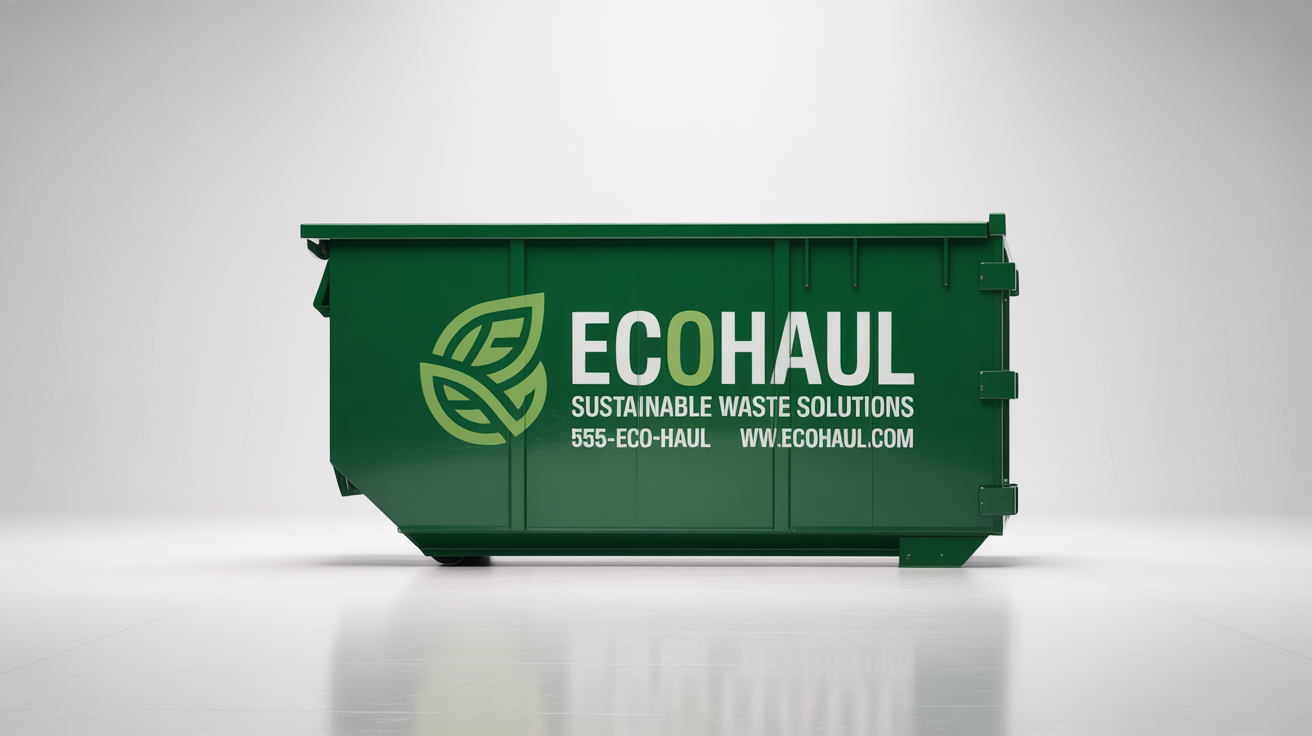 A professional mockup of a dark green dumpster with a large, branded decal for a fictional company, 'EcoHaul', set against a plain white background.