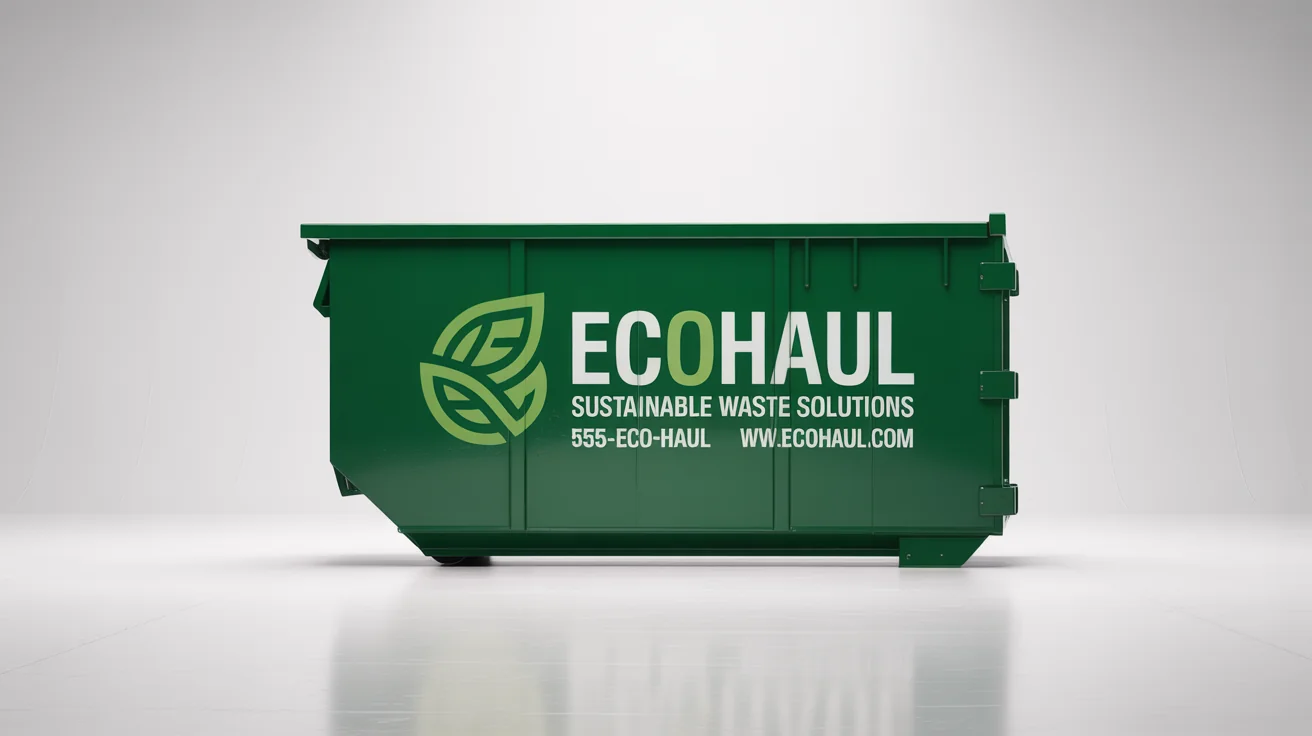 A professional mockup of a dark green dumpster with a large, branded decal for a fictional company, 'EcoHaul', set against a plain white background.