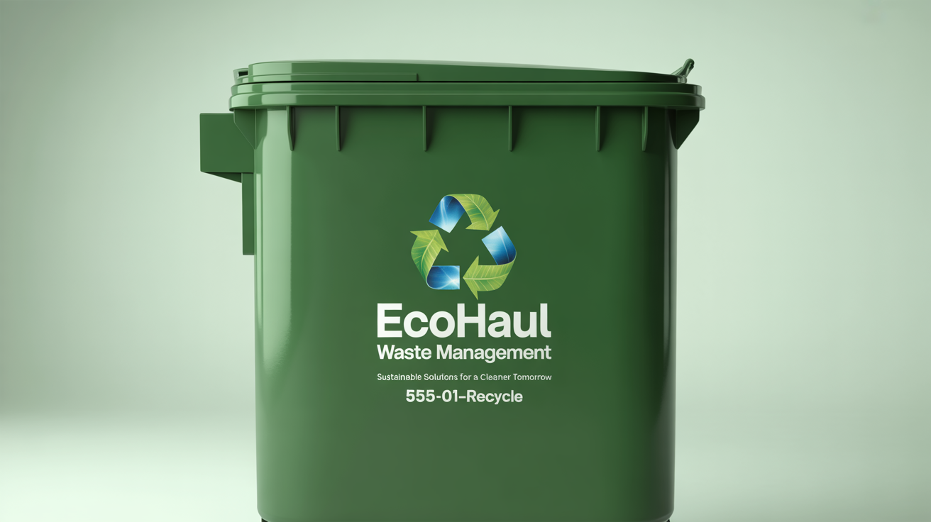 A clean, dark green industrial dumpster with a large, professionally applied 'EcoHaul Waste Management' decal, presented as a mockup on a plain white background.