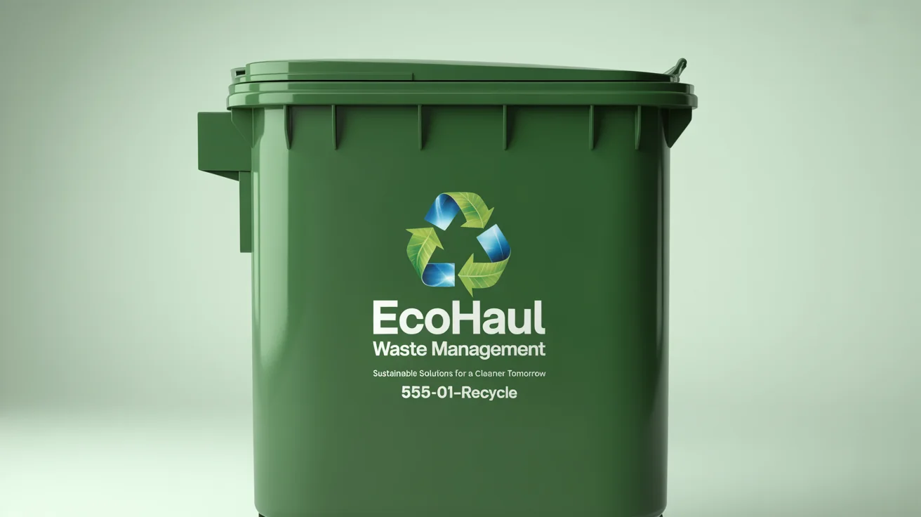 A clean, dark green industrial dumpster with a large, professionally applied 'EcoHaul Waste Management' decal, presented as a mockup on a plain white background.