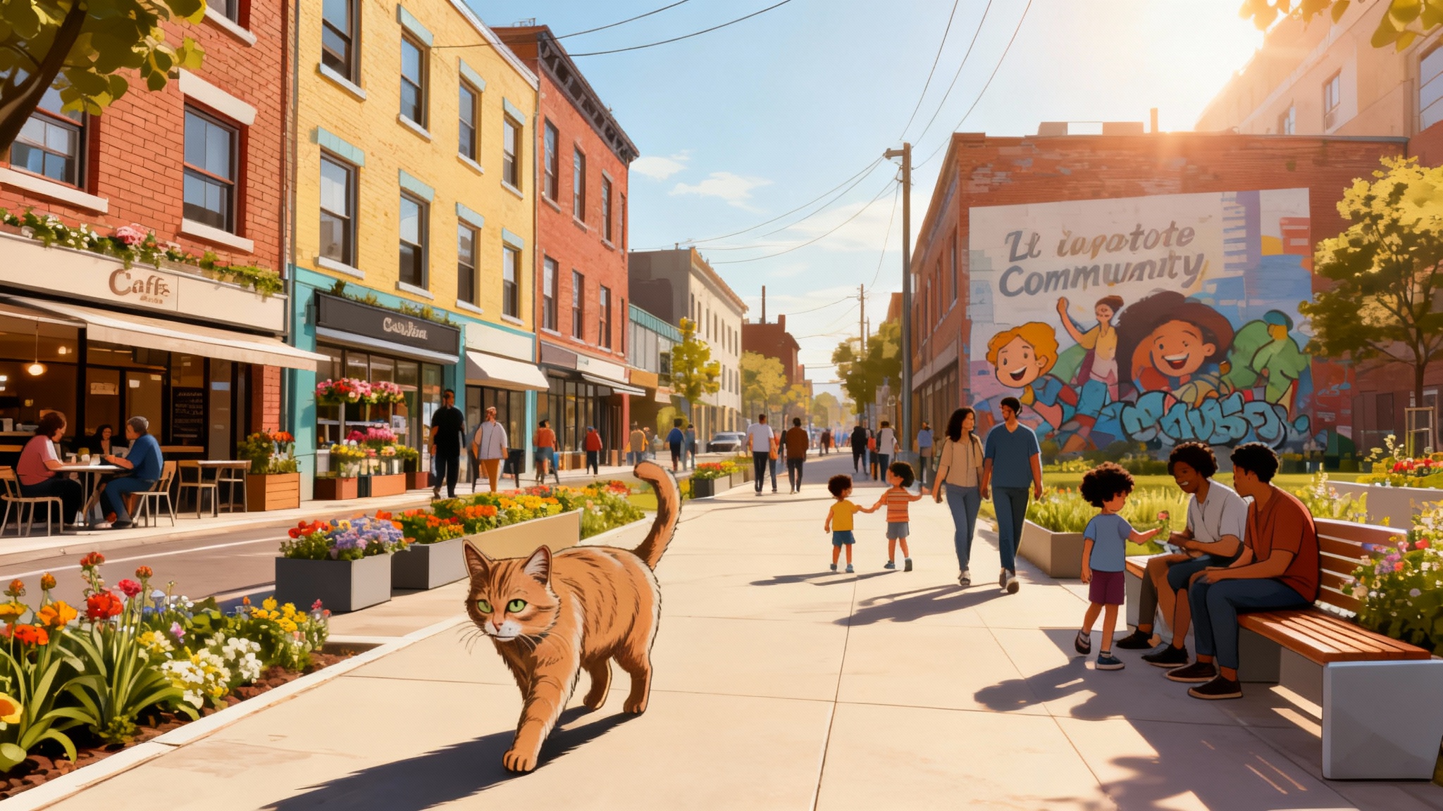 An illustration showing the positive transformation of a derelict street into a vibrant, clean, and safe community space with restored buildings, a beautiful mural, and happy residents.
