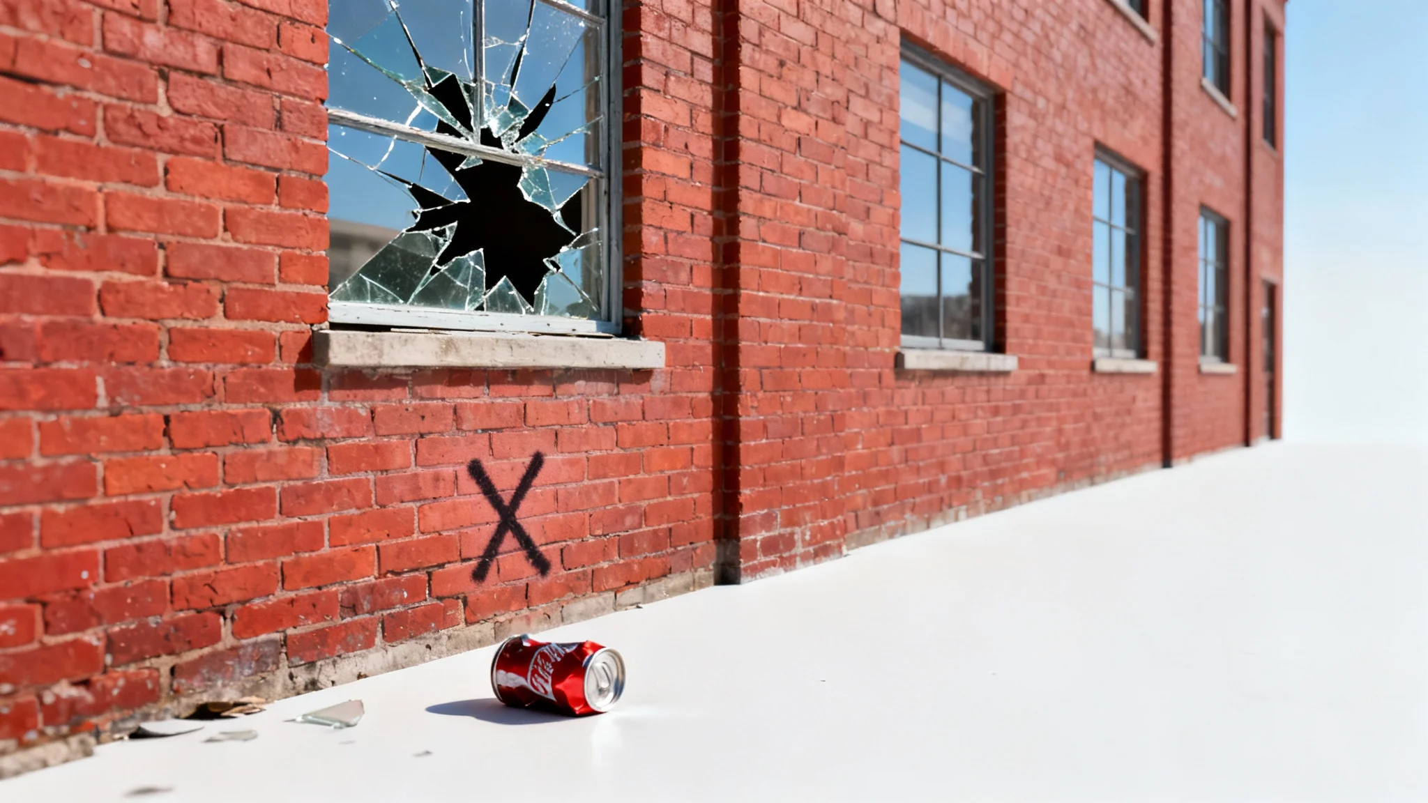 An illustration of the broken windows effect, showing a clean brick building with one broken window. Below the window, a small graffiti tag and a crushed can signify the start of decay.