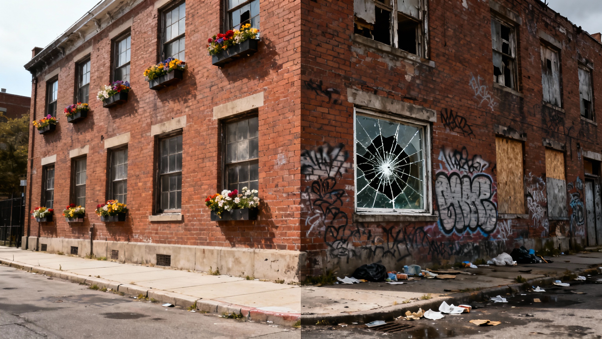 A side-by-side comparison illustrating the broken windows effect. On the left, a clean, well-maintained building. On the right, the same building is dilapidated, with a broken window, graffiti, and trash.