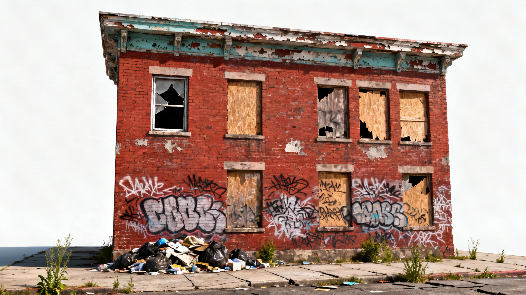 A conceptual image showing a brick building's facade against a white background, illustrating the broken windows effect with a progression from a single broken window to widespread graffiti, decay, and trash.