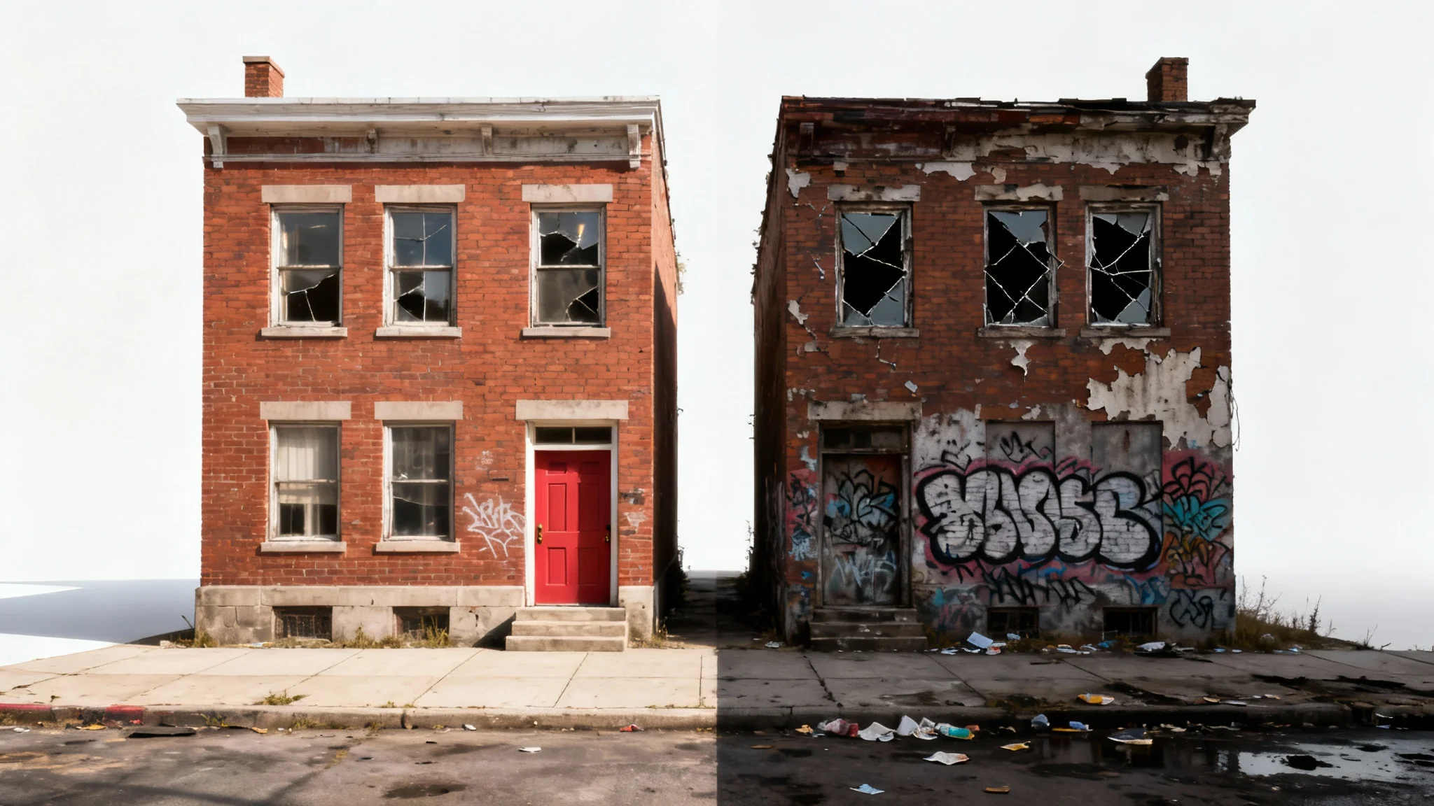 A side-by-side comparison of two identical brick houses. The left house is clean and well-maintained, while the right house is dilapidated with broken windows and graffiti, visually representing the broken windows effect.