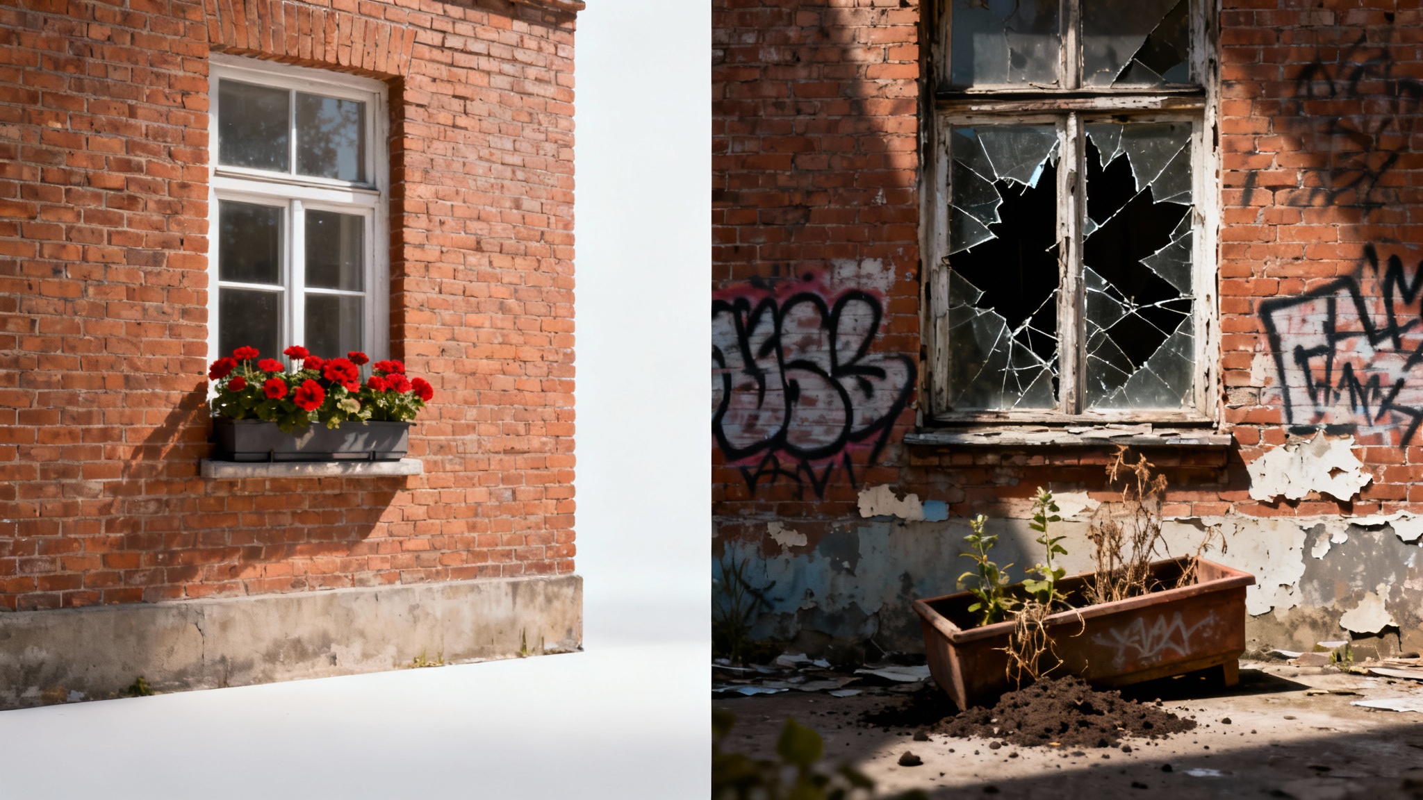 A split-panel image contrasting a well-maintained building on the left with the same building in a state of decay, featuring a broken window and graffiti on the right, visually representing the broken windows theory.