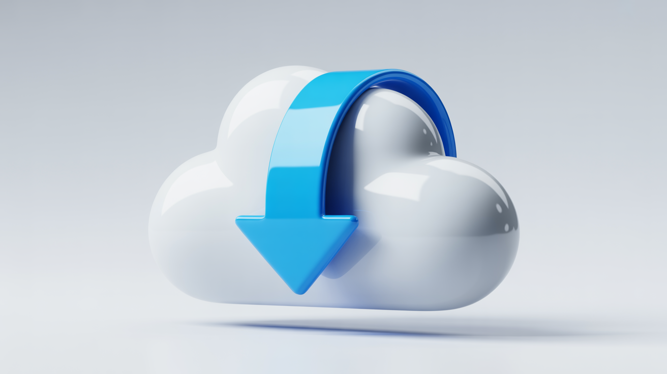 A professionally designed 3D cloud download icon, with a glossy white cloud and a vibrant blue downward arrow, floating against a clean, light grey background.