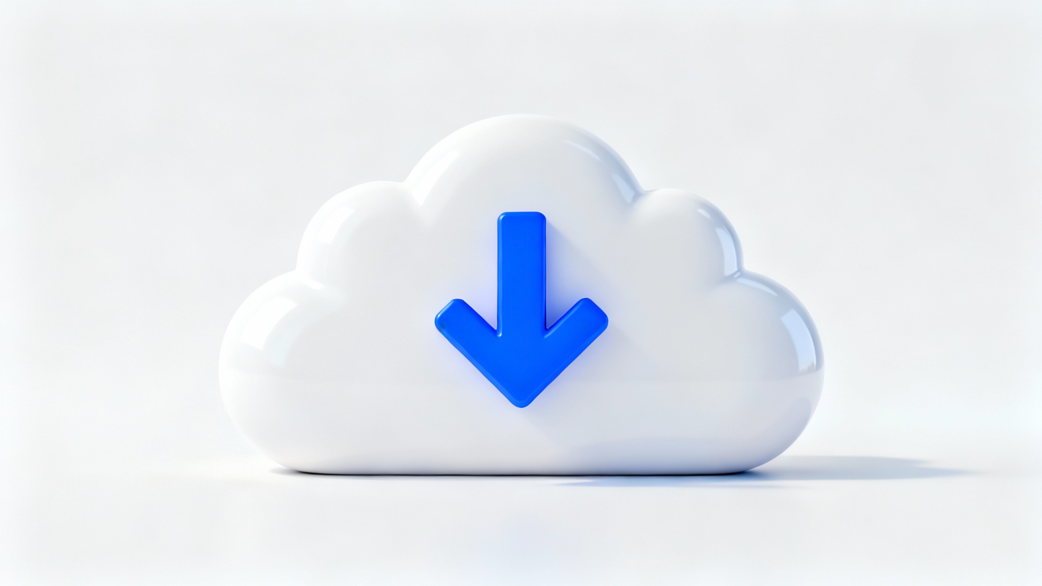 A 3D rendering of a modern cloud download icon, showing a white cloud with a blue arrow pointing downwards, set against a white background.