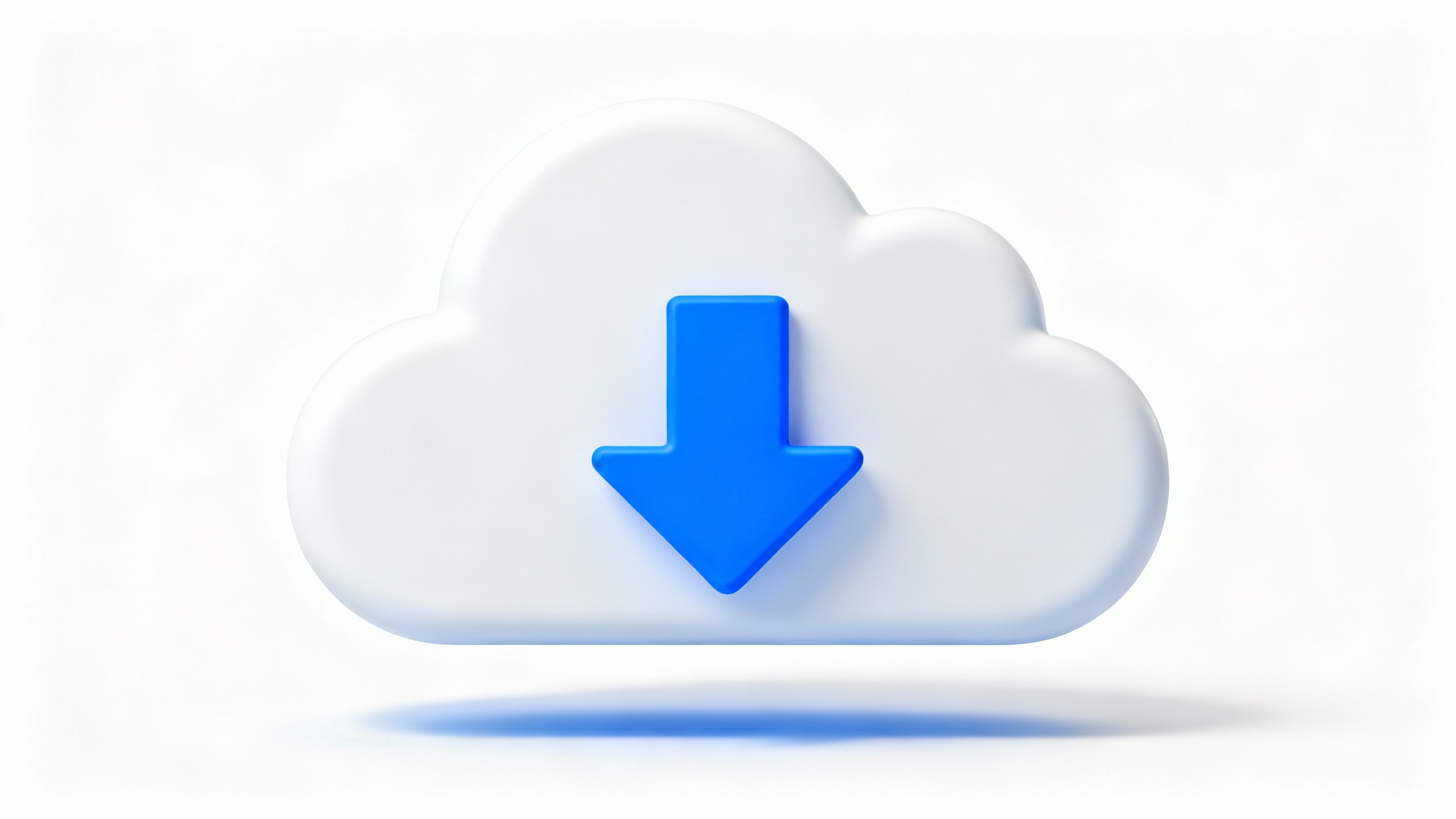 A modern 3D icon of a white cloud with a blue arrow pointing downwards, symbolizing a cloud download, set against a white background.