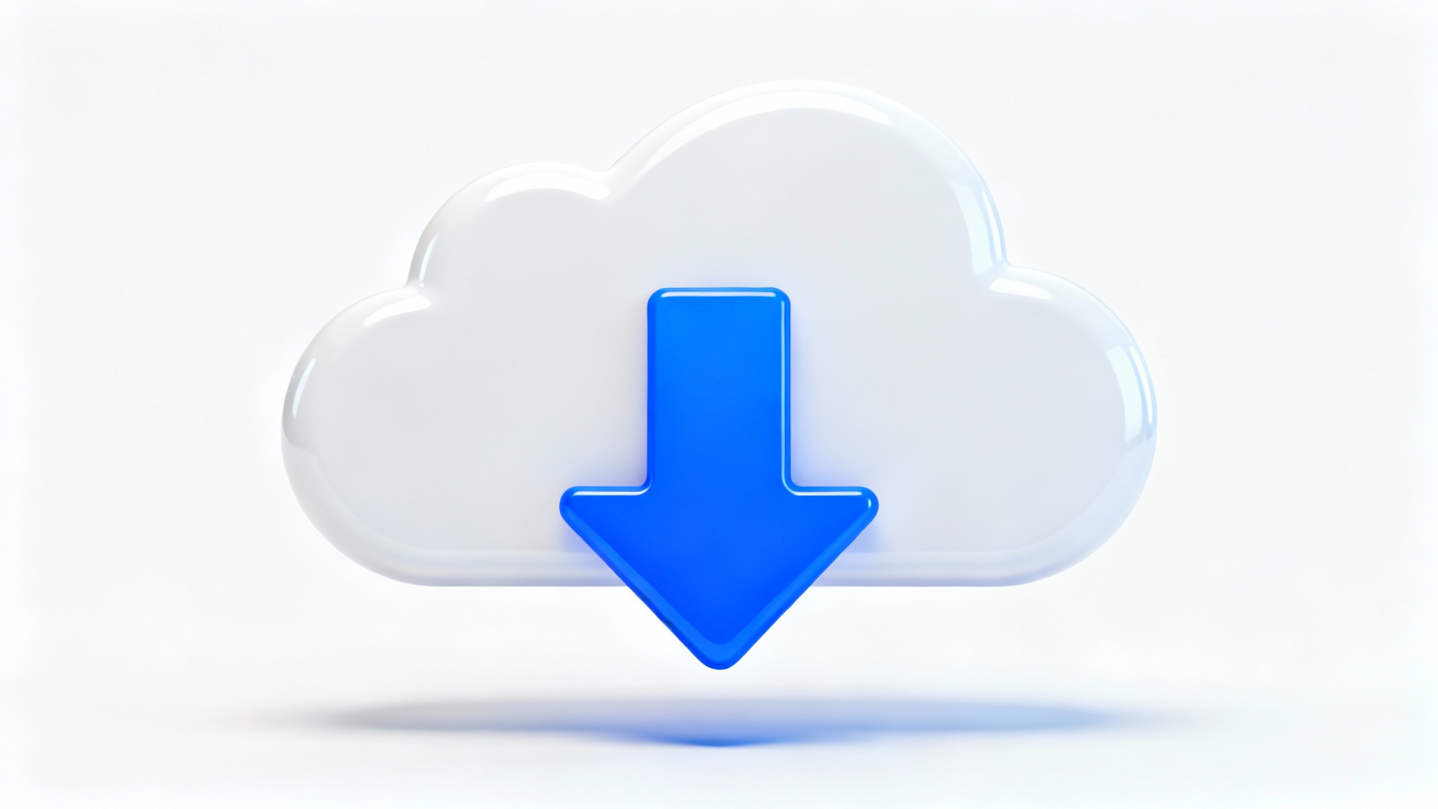 A modern 3D cloud download icon, featuring a white, glossy cloud with a blue downward arrow, set against a clean white background.