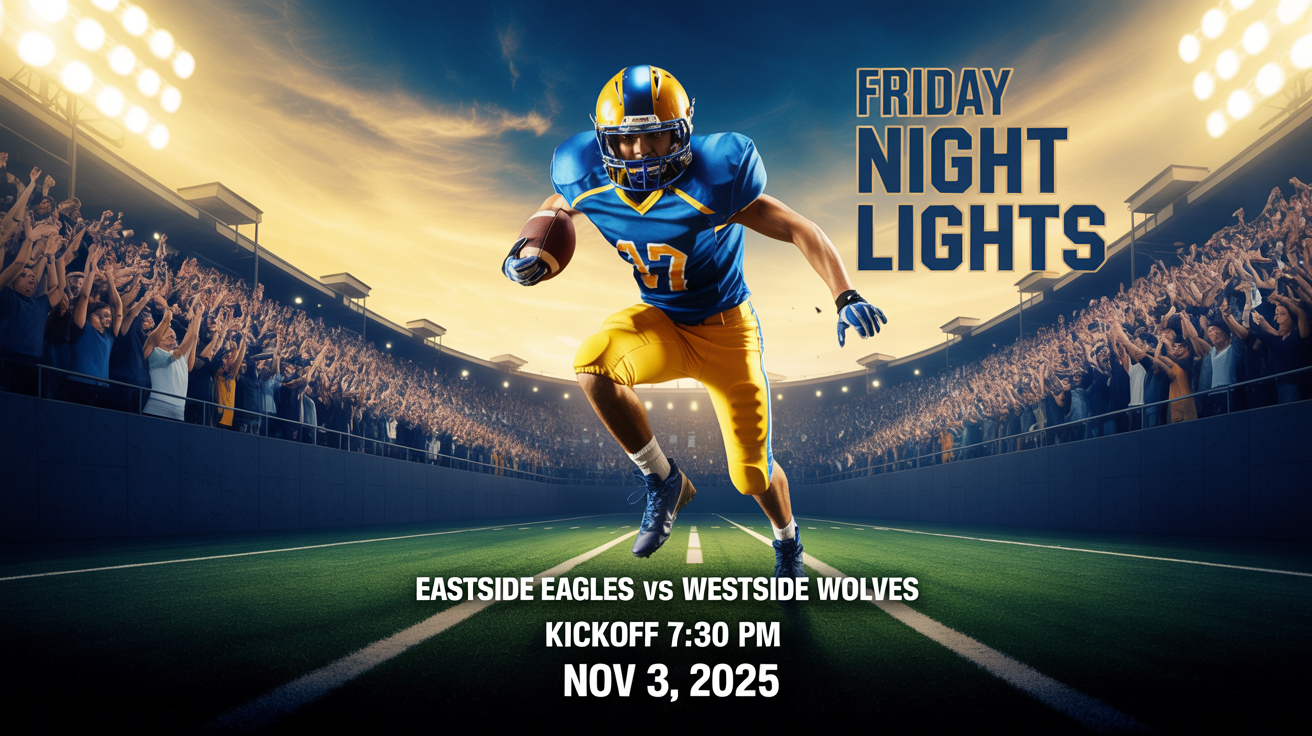 A professionally designed poster for a 'Friday Night Lights' football game. A football player in a blue and gold uniform is the central focus, under bright stadium lights. Bold text reads 'FRIDAY NIGHT LIGHTS', 'EASTSIDE EAGLES VS WESTSIDE WOLVES', with game details 'KICKOFF 7:30 PM' and 'NOV 3, 2025'.