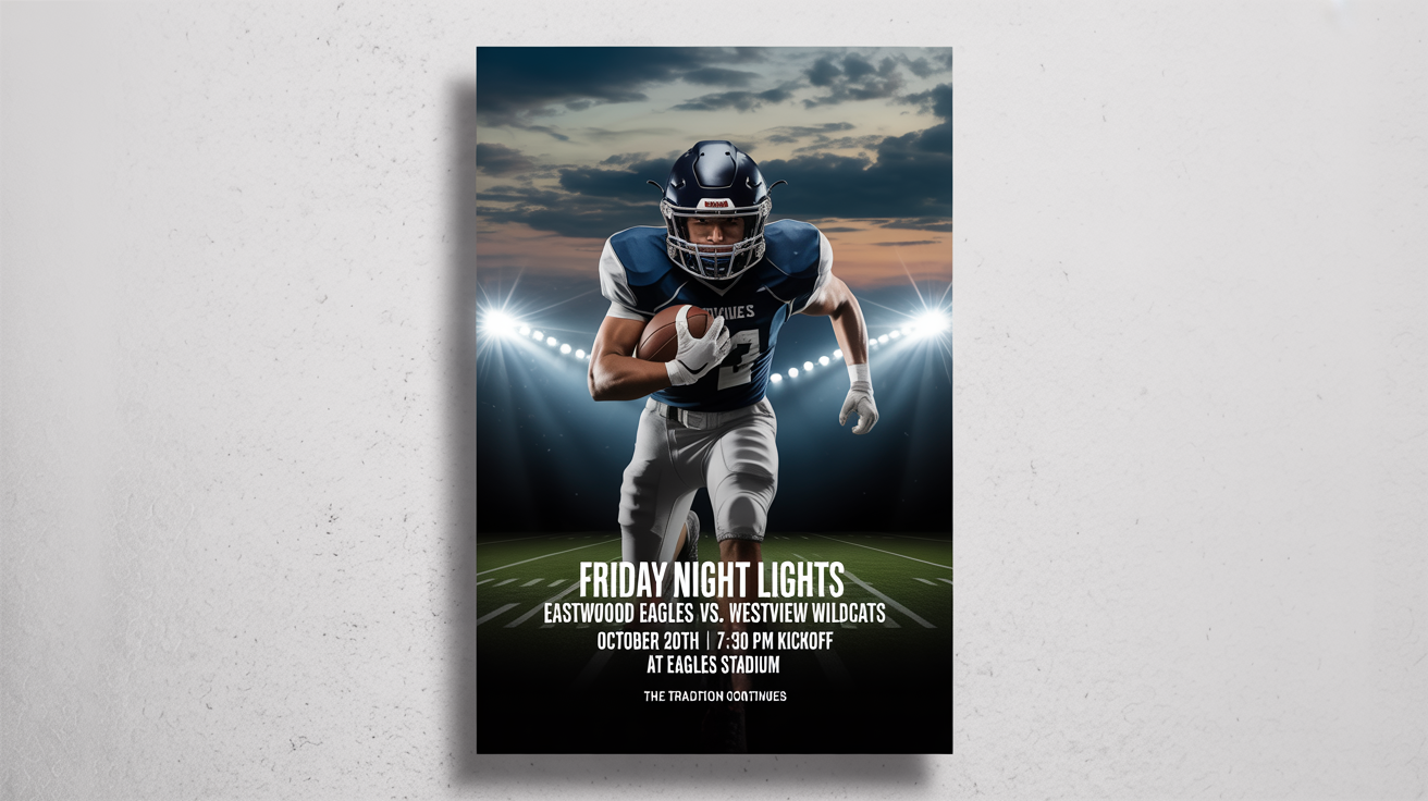 A dramatic poster for a 'Friday Night Lights' high school football game, featuring a player running under stadium lights. The poster has bold text announcing the game between the Eagles and the Wildcats.