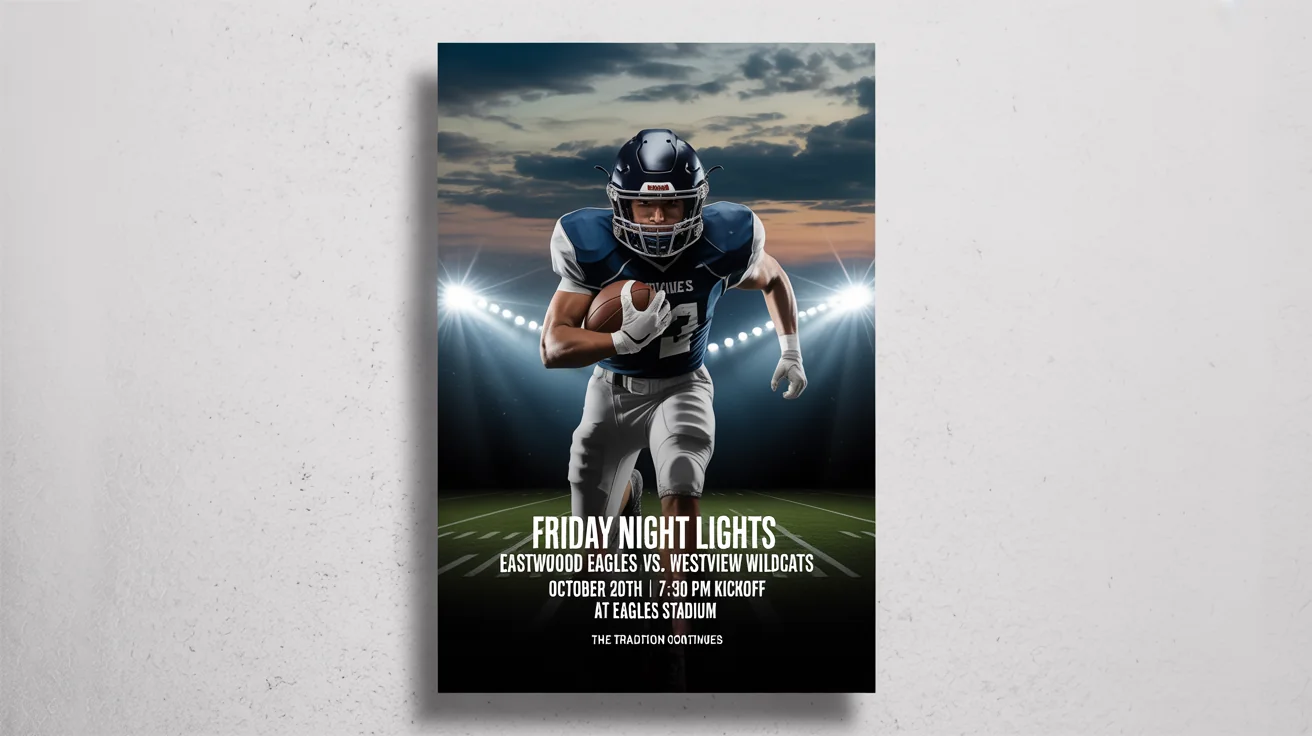 A dramatic poster for a 'Friday Night Lights' high school football game, featuring a player running under stadium lights. The poster has bold text announcing the game between the Eagles and the Wildcats.