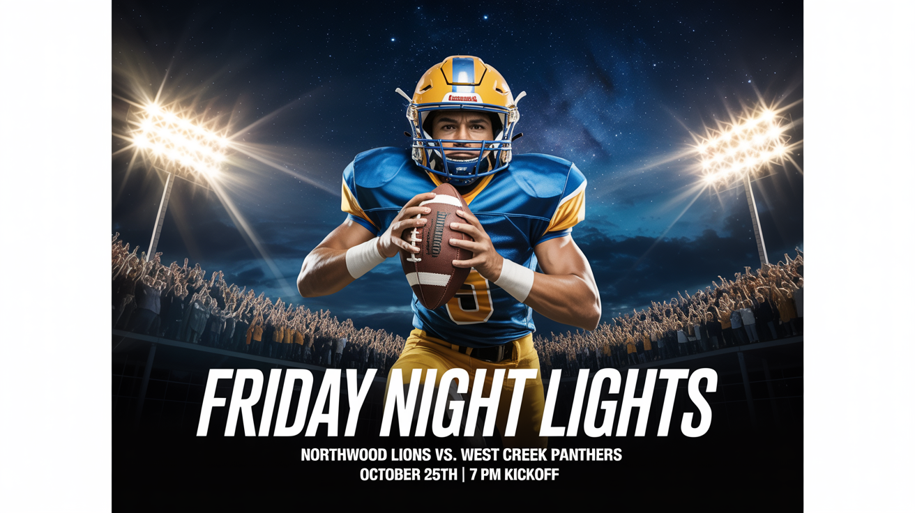 A poster mockup for a 'Friday Night Lights' high school football game, featuring a player under stadium lights with event text 'FRIDAY NIGHT LIGHTS', team names, and a date.