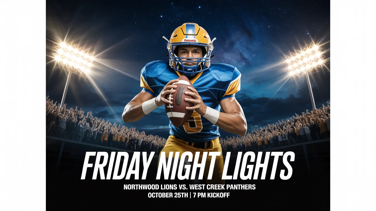 A poster mockup for a 'Friday Night Lights' high school football game, featuring a player under stadium lights with event text 'FRIDAY NIGHT LIGHTS', team names, and a date.