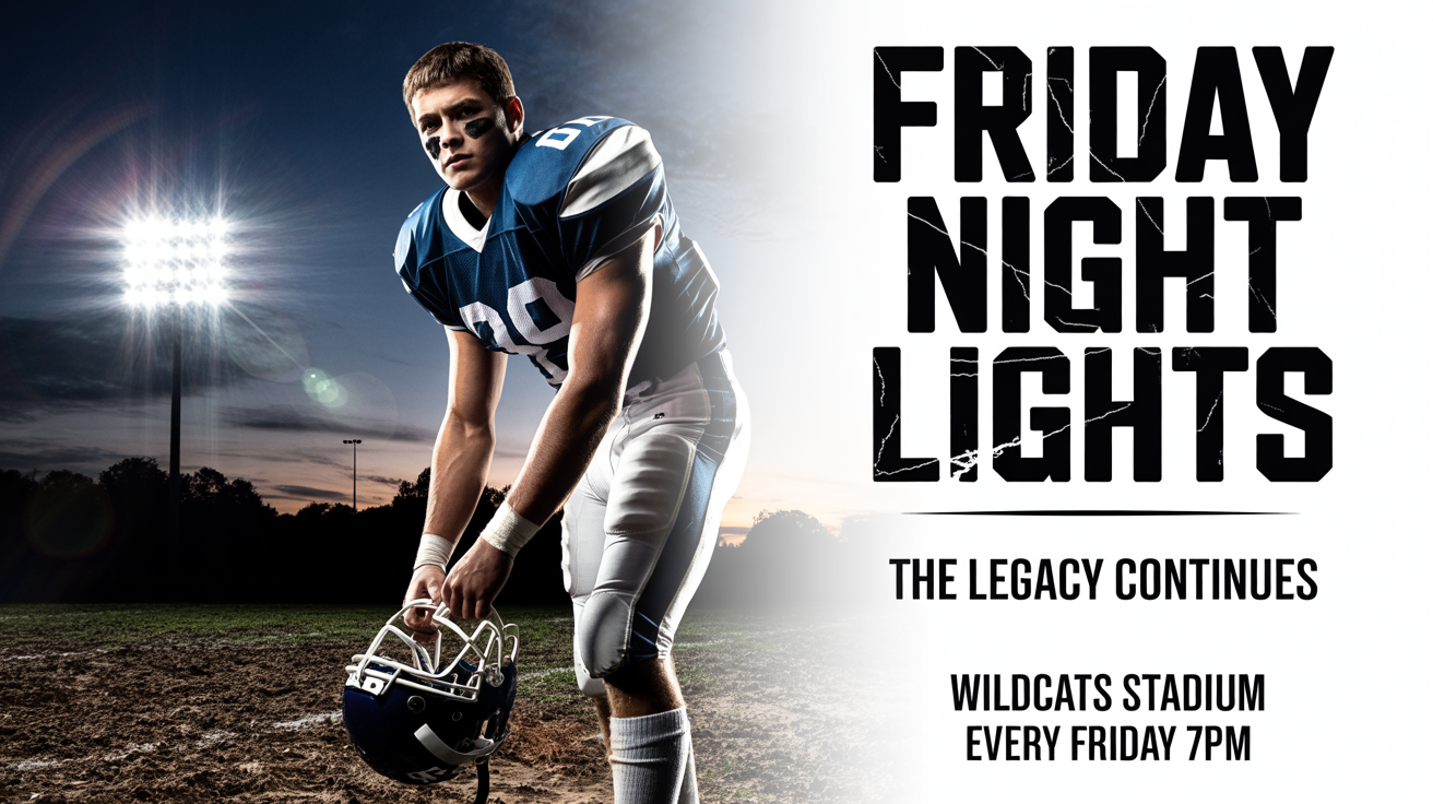 A professional mockup of a Friday Night Lights football poster featuring a determined player under bright stadium lights. The poster is displayed against a clean white background.