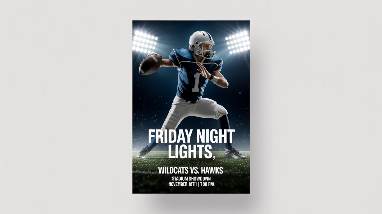 A mockup of a poster for a 'Friday Night Lights' high school football game. It features a quarterback in a dark uniform under stadium lights, with event details and team names like 'WILDCATS vs. HAWKS' printed on it.
