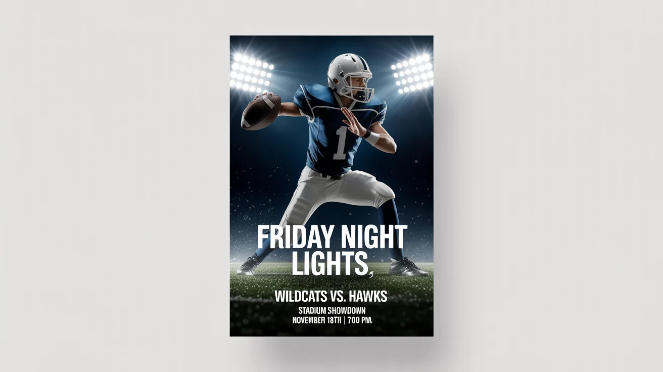 A mockup of a poster for a 'Friday Night Lights' high school football game. It features a quarterback in a dark uniform under stadium lights, with event details and team names like 'WILDCATS vs. HAWKS' printed on it.
