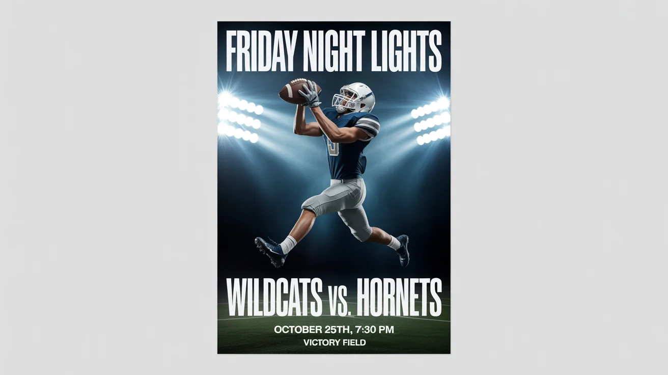 A mockup of a 'Friday Night Lights' football poster showing a player catching a ball under stadium lights. The poster includes event details like team names, date, and location.