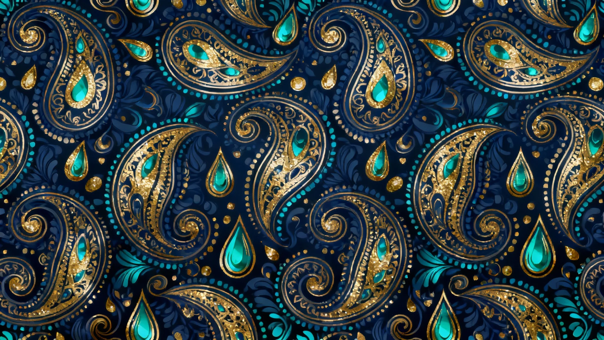 A close-up view of a detailed and luxurious seamless paisley pattern in shades of navy blue, gold, and teal.
