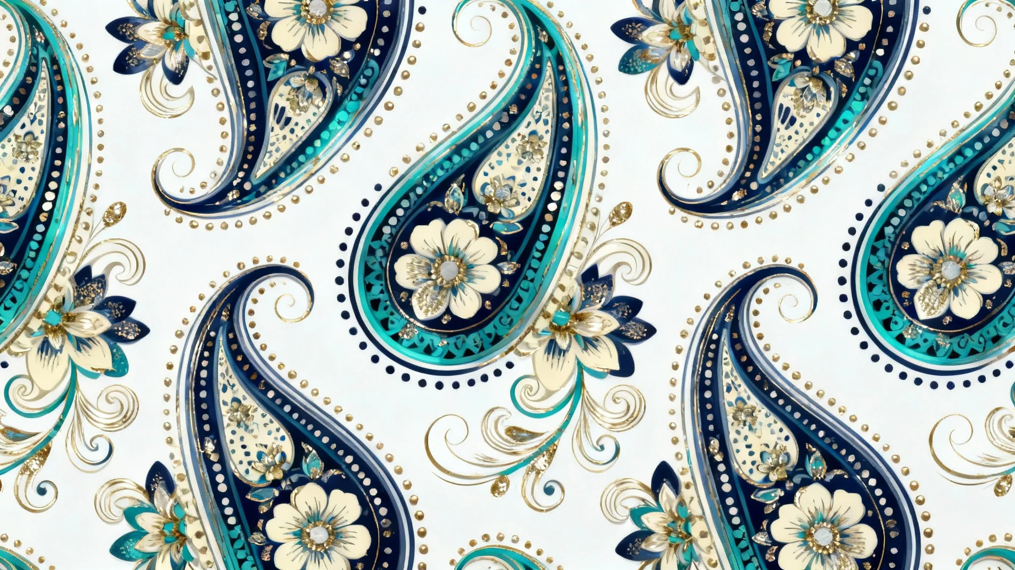 A detailed close-up of a modern and intricate paisley pattern featuring teardrop shapes in navy blue, teal, and cream with gold accents on a white background.
