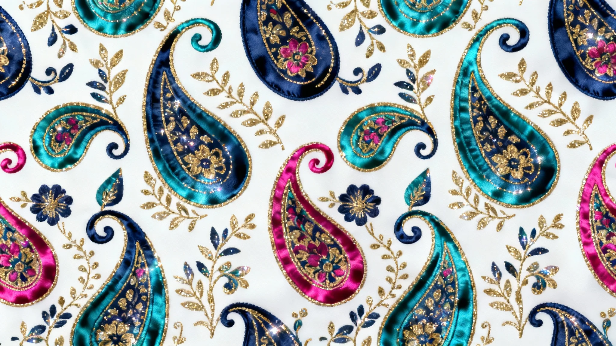 An elegant, close-up view of a seamless paisley pattern featuring intricate swirls in navy blue, teal, and magenta with gold accents, set against a plain white background.