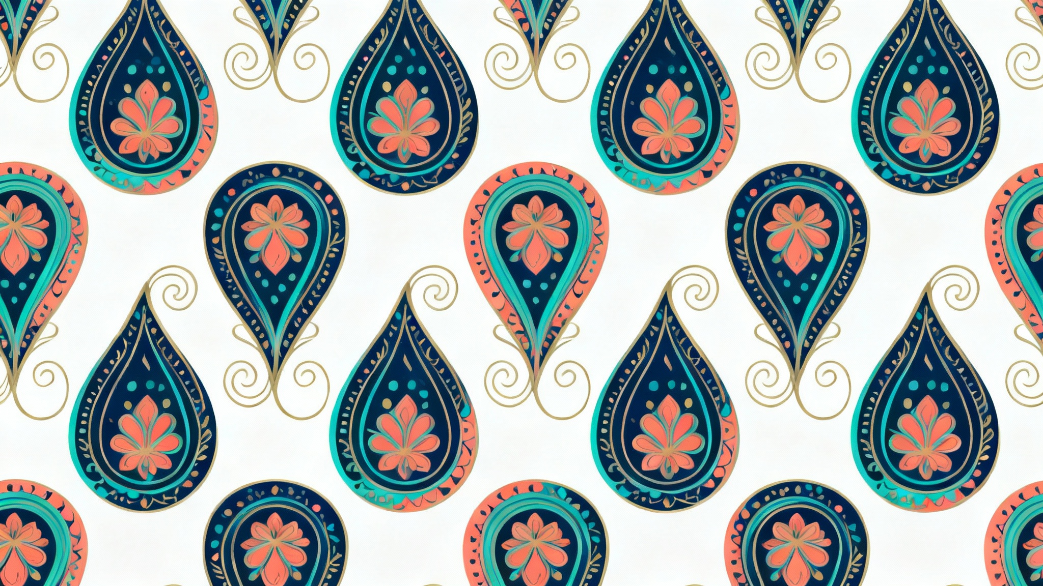An intricate and colorful paisley pattern with teardrop and floral motifs in shades of navy, teal, and coral, highlighted with gold accents, on a white background.
