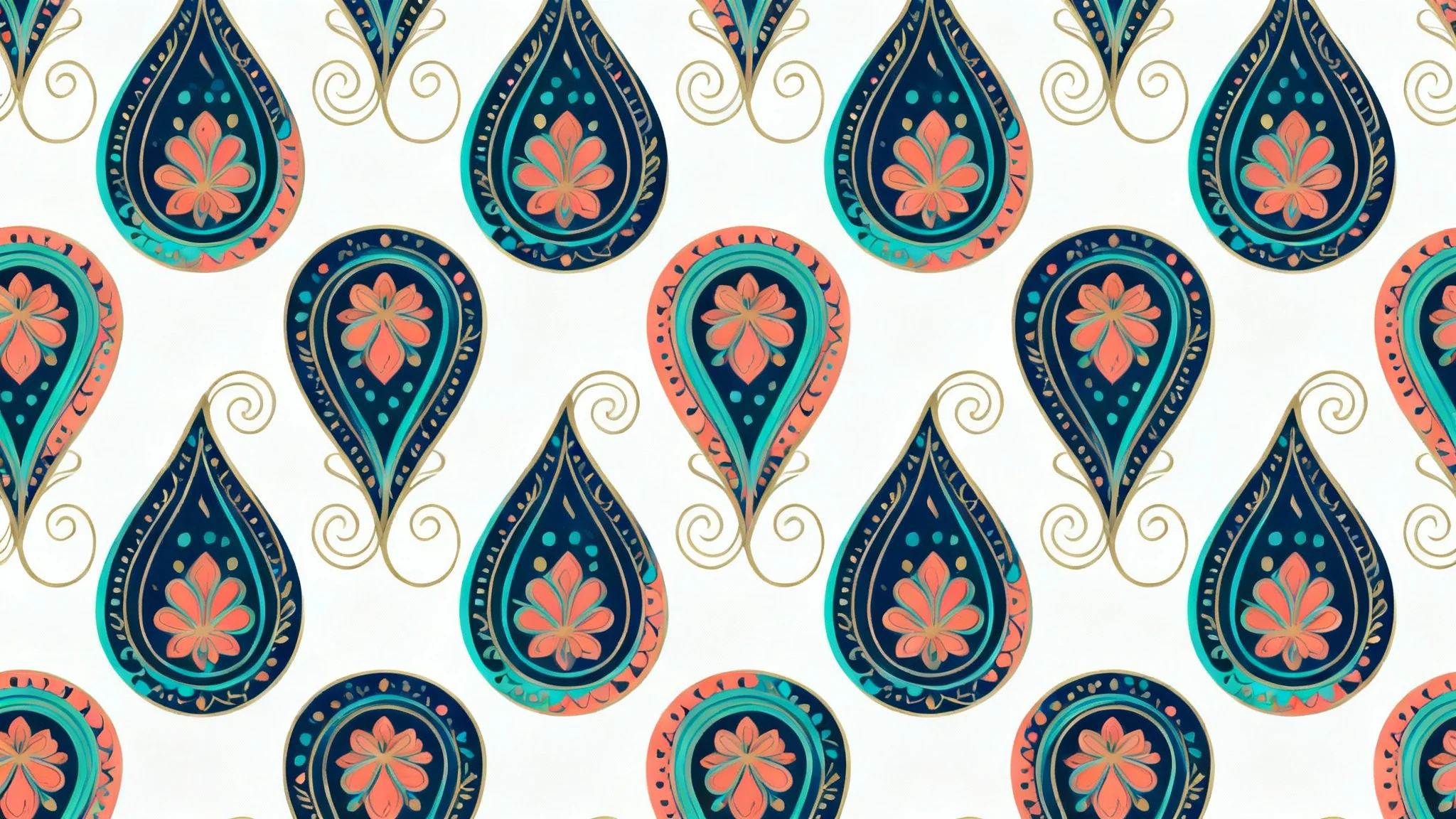 An intricate and colorful paisley pattern with teardrop and floral motifs in shades of navy, teal, and coral, highlighted with gold accents, on a white background.