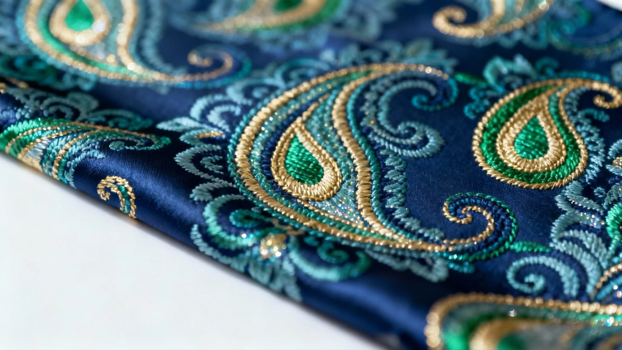 A detailed close-up of an elegant paisley pattern fabric in shades of blue, green, and gold, set against a stark white background.