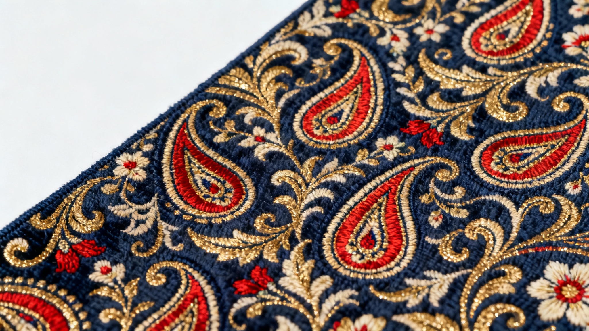 An overhead view of a complex and colorful paisley pattern featuring teardrop and floral motifs in shades of navy blue, gold, and crimson, presented on a stark white background.