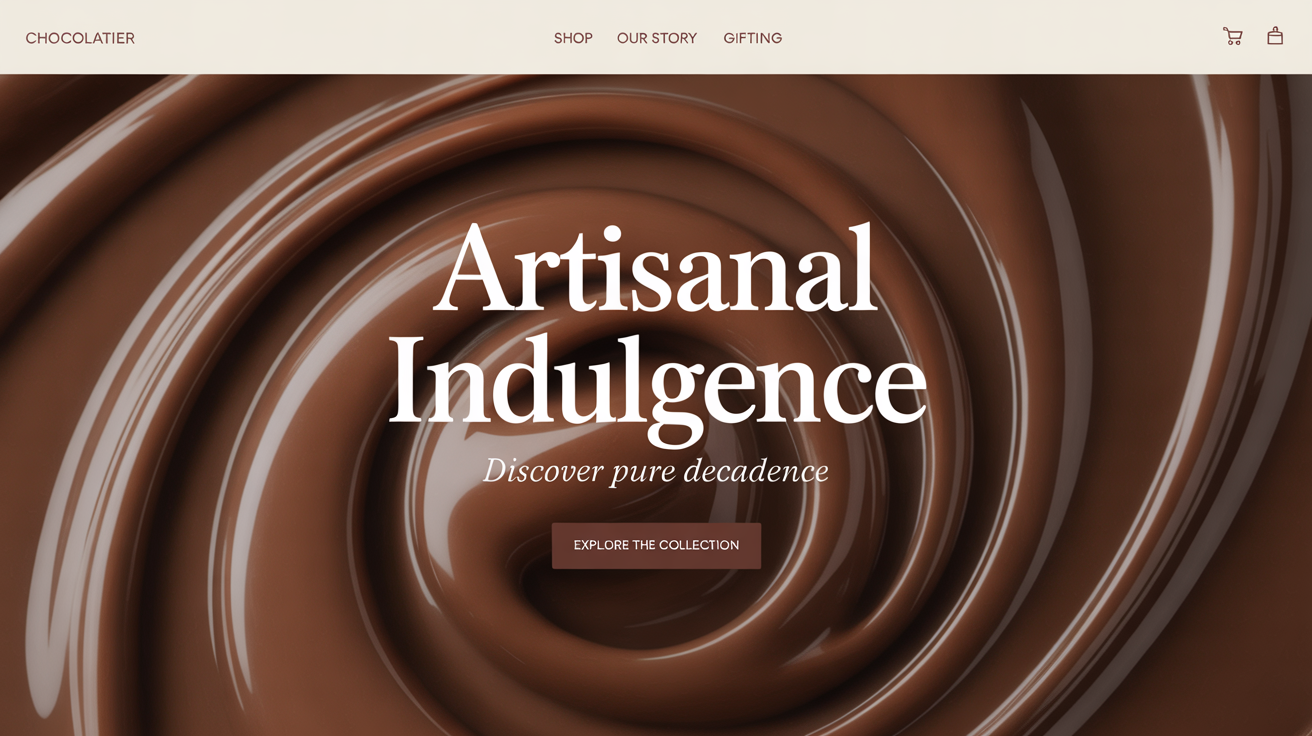 A hero image design for a luxury chocolate brand, featuring the headline 'Artisanal Indulgence' over a rich, glossy background of swirling dark and milk chocolate.
