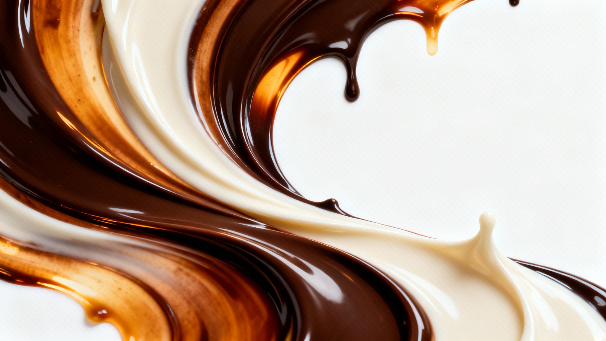 A photorealistic close-up of glossy, swirling melted dark, milk, and white chocolate forming an elegant, abstract pattern against a plain white background.