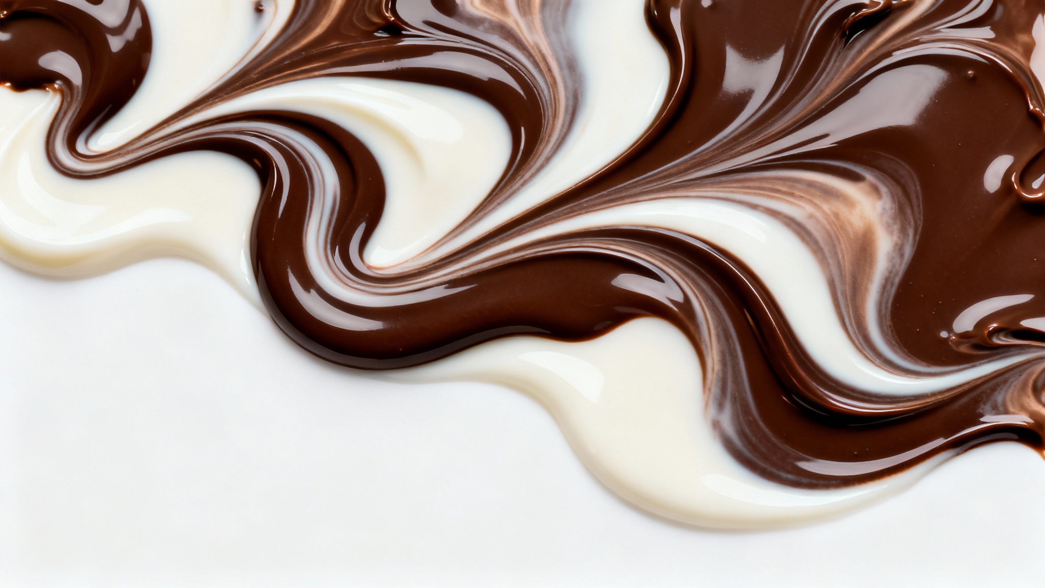 A close-up, hyperrealistic image of dark, milk, and white chocolate swirling together to create a beautiful, decadent, and abstract background pattern.