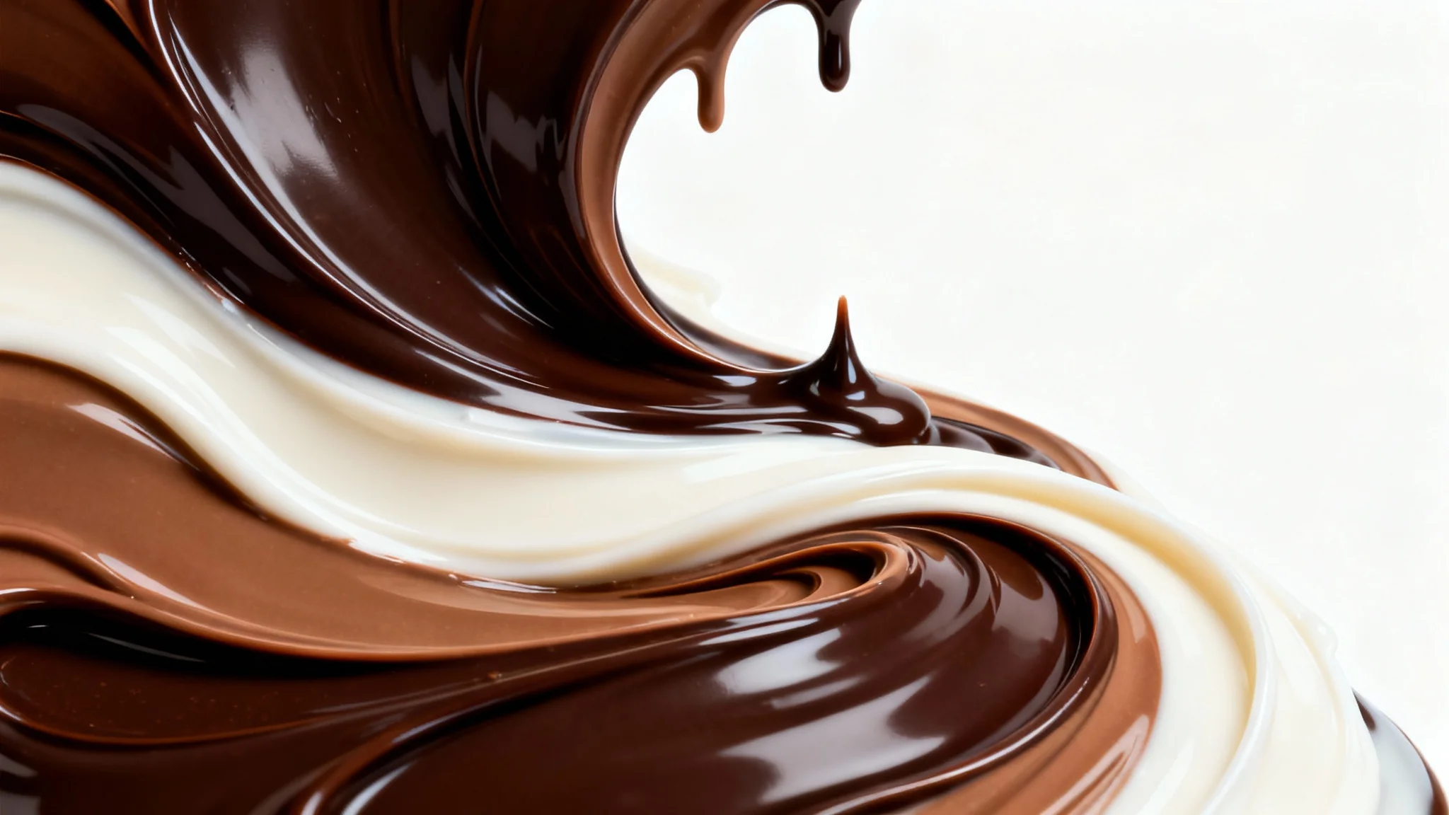 A close-up, high-resolution image of dark, milk, and white chocolate swirling together in a rich, glossy pattern against a stark white background.