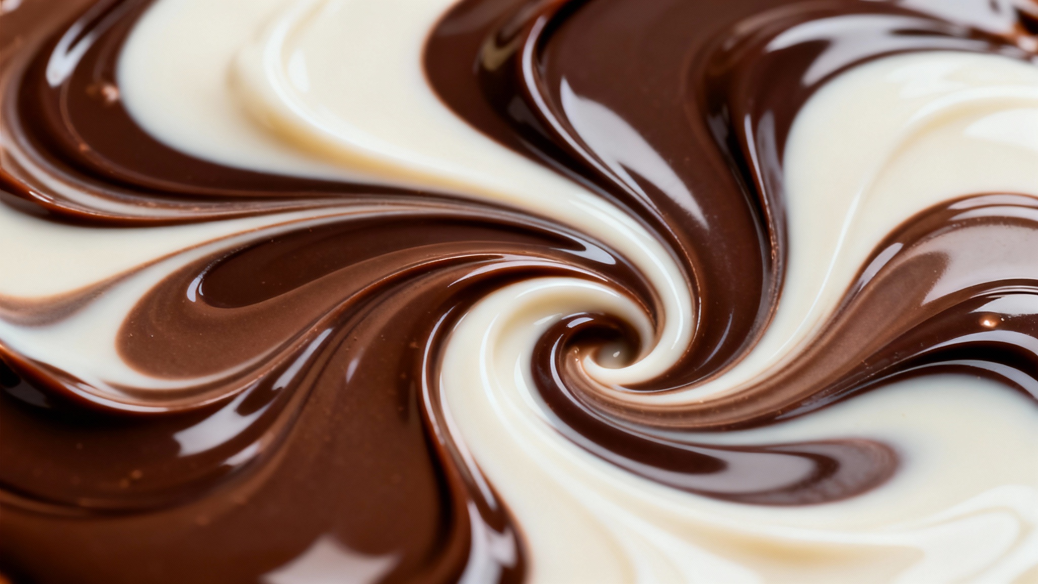 A close-up, photorealistic image of rich dark, milk, and white chocolate swirling together in a decadent, glossy, marbled pattern.