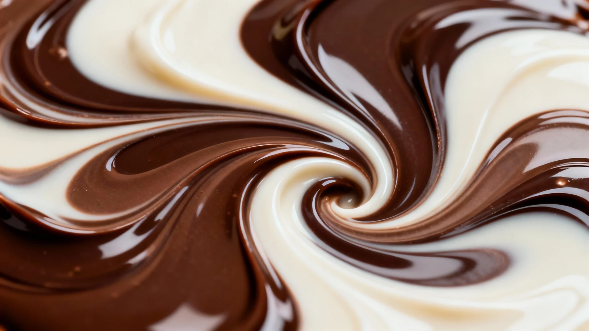 A close-up, photorealistic image of rich dark, milk, and white chocolate swirling together in a decadent, glossy, marbled pattern.