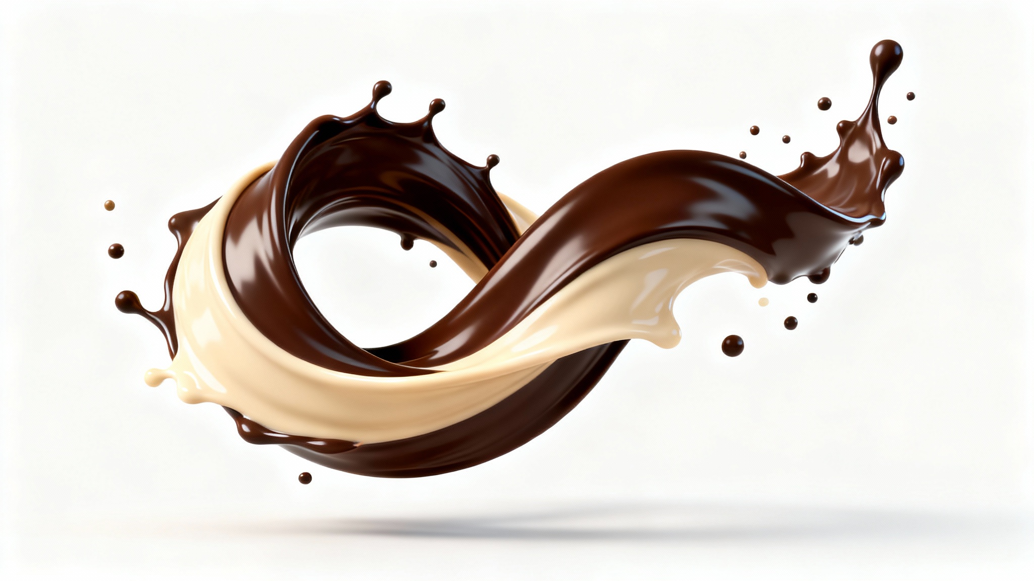 A dynamic, photorealistic swirl of liquid dark and milk chocolate suspended against a clean white background.