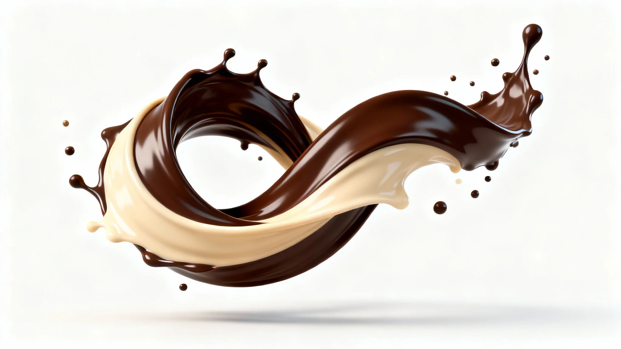 A dynamic, photorealistic swirl of liquid dark and milk chocolate suspended against a clean white background.