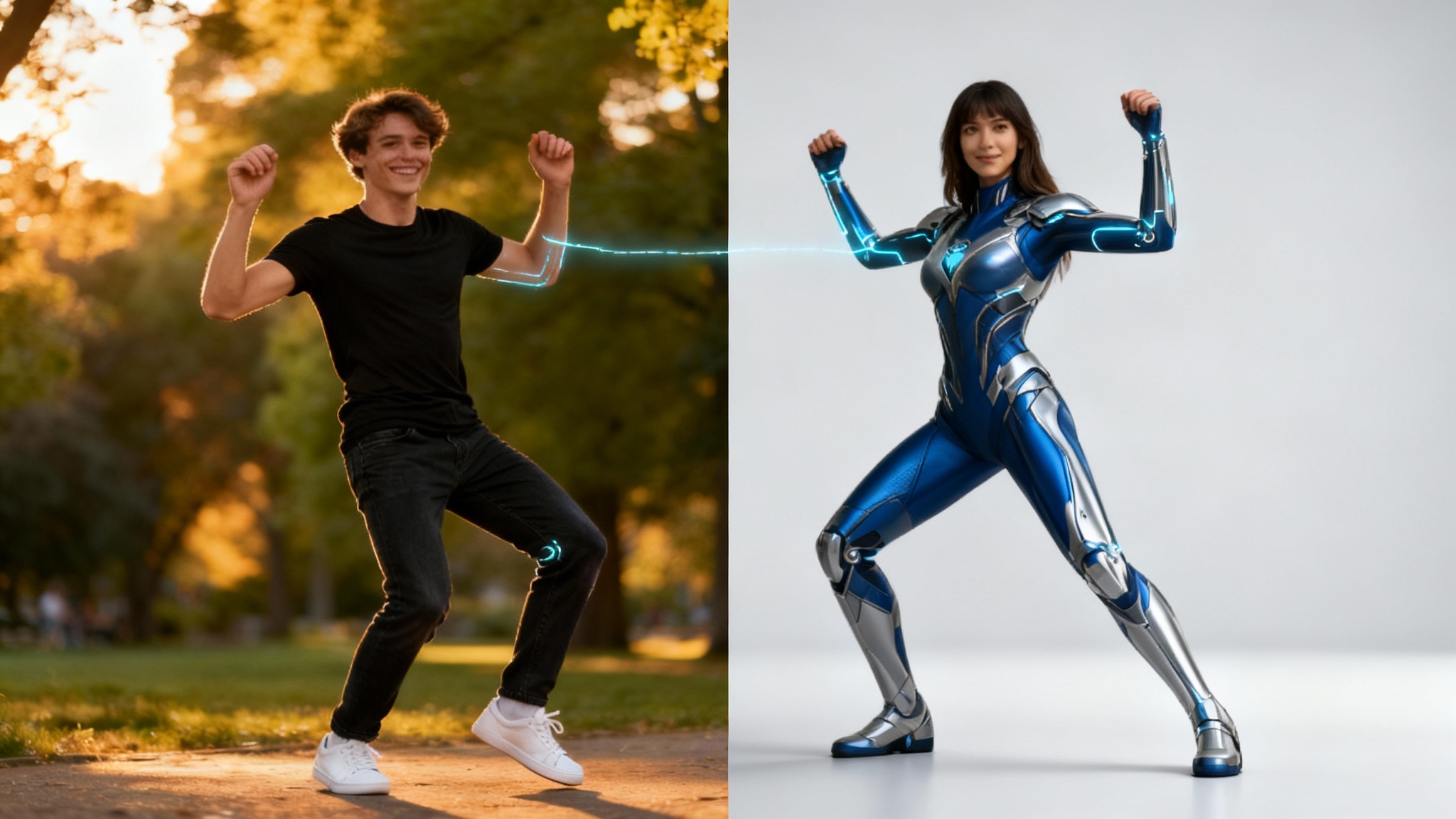 A split-screen image showing body pose transfer. The left side shows a man in a park in a dynamic pose. The right side shows a female superhero perfectly mimicking the man's pose against a clean studio background, illustrating the technology's result.