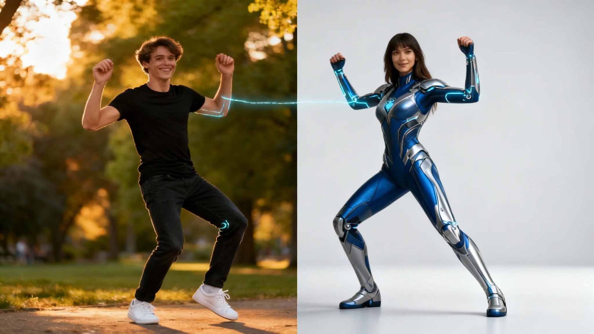 A split-screen image showing body pose transfer. The left side shows a man in a park in a dynamic pose. The right side shows a female superhero perfectly mimicking the man's pose against a clean studio background, illustrating the technology's result.