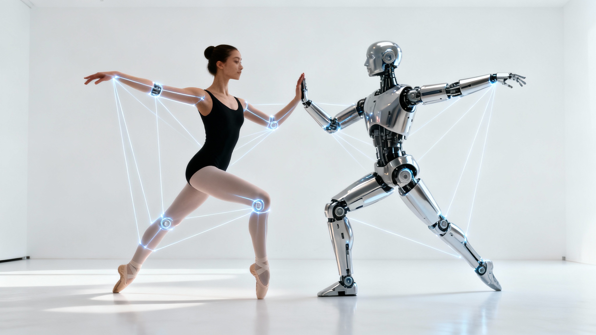 A conceptual image showing a female ballet dancer on the left and a chrome robot on the right, both holding the exact same ballet pose, against a clean white background to illustrate body pose transfer.