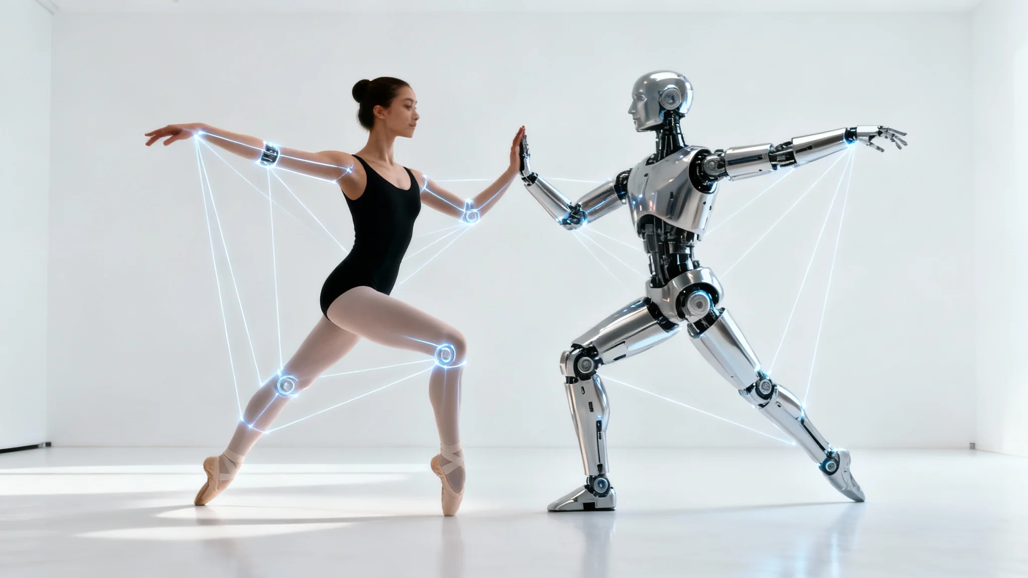 A conceptual image showing a female ballet dancer on the left and a chrome robot on the right, both holding the exact same ballet pose, against a clean white background to illustrate body pose transfer.