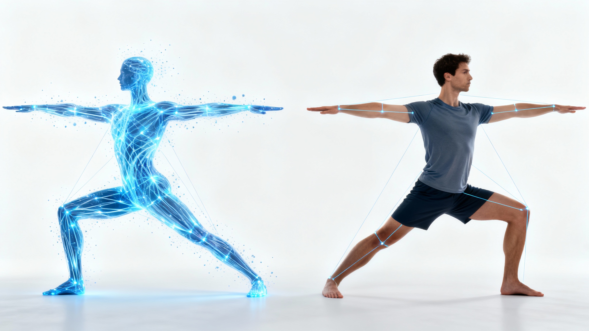 An image demonstrating body pose transfer, with a blue digital outline of a person in a yoga pose on the left, and a photorealistic man on the right perfectly mimicking the same pose, all on a clean white background.
