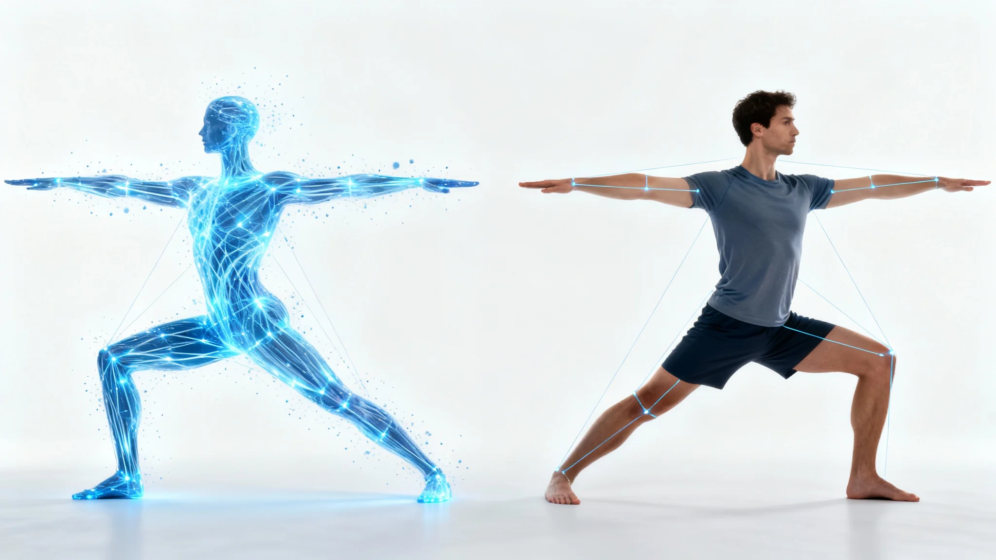 An image demonstrating body pose transfer, with a blue digital outline of a person in a yoga pose on the left, and a photorealistic man on the right perfectly mimicking the same pose, all on a clean white background.