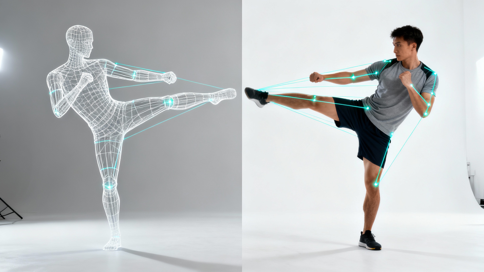 A digital wireframe mannequin in a martial arts pose is shown next to a real man perfectly copying the pose, with glowing lines connecting their joints to show the concept of body pose transfer.