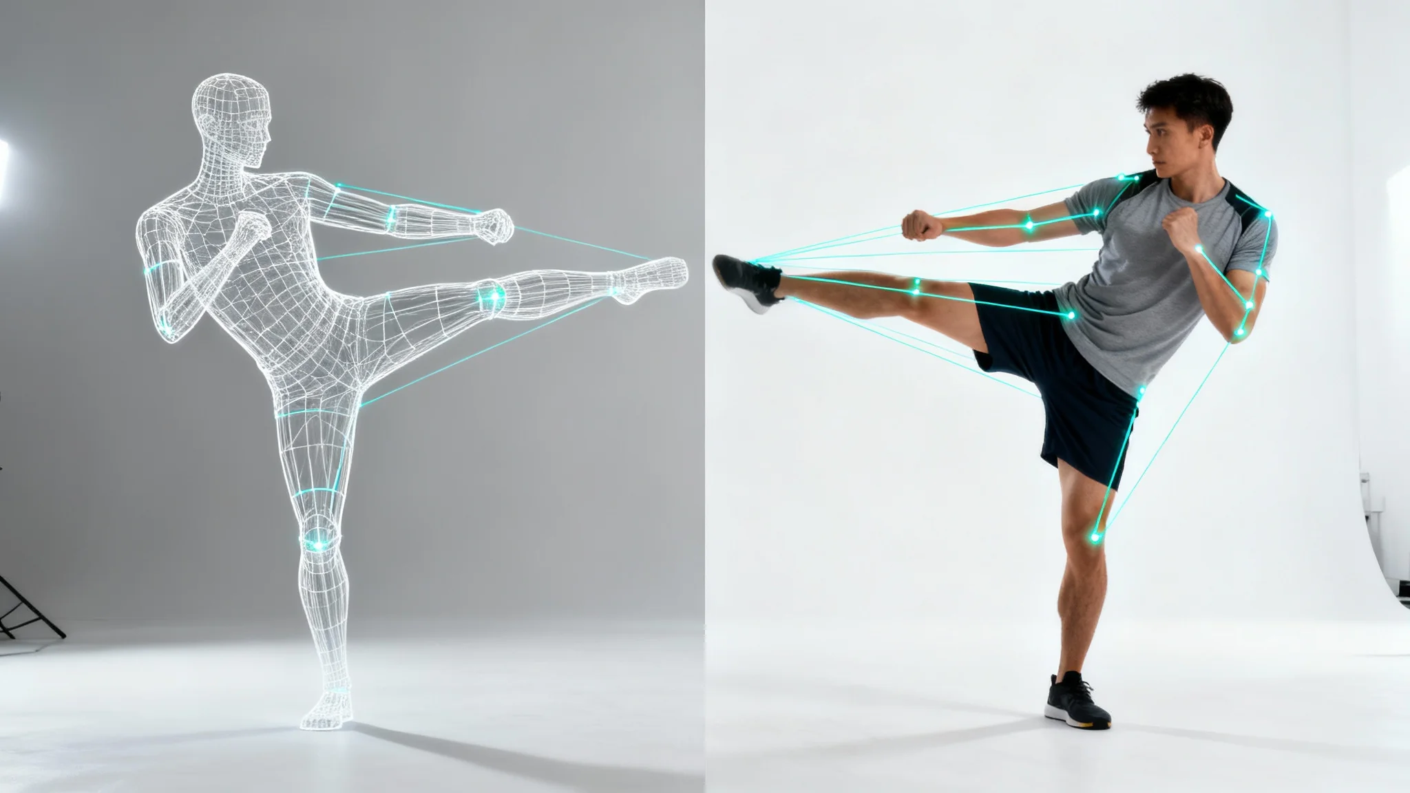 A digital wireframe mannequin in a martial arts pose is shown next to a real man perfectly copying the pose, with glowing lines connecting their joints to show the concept of body pose transfer.