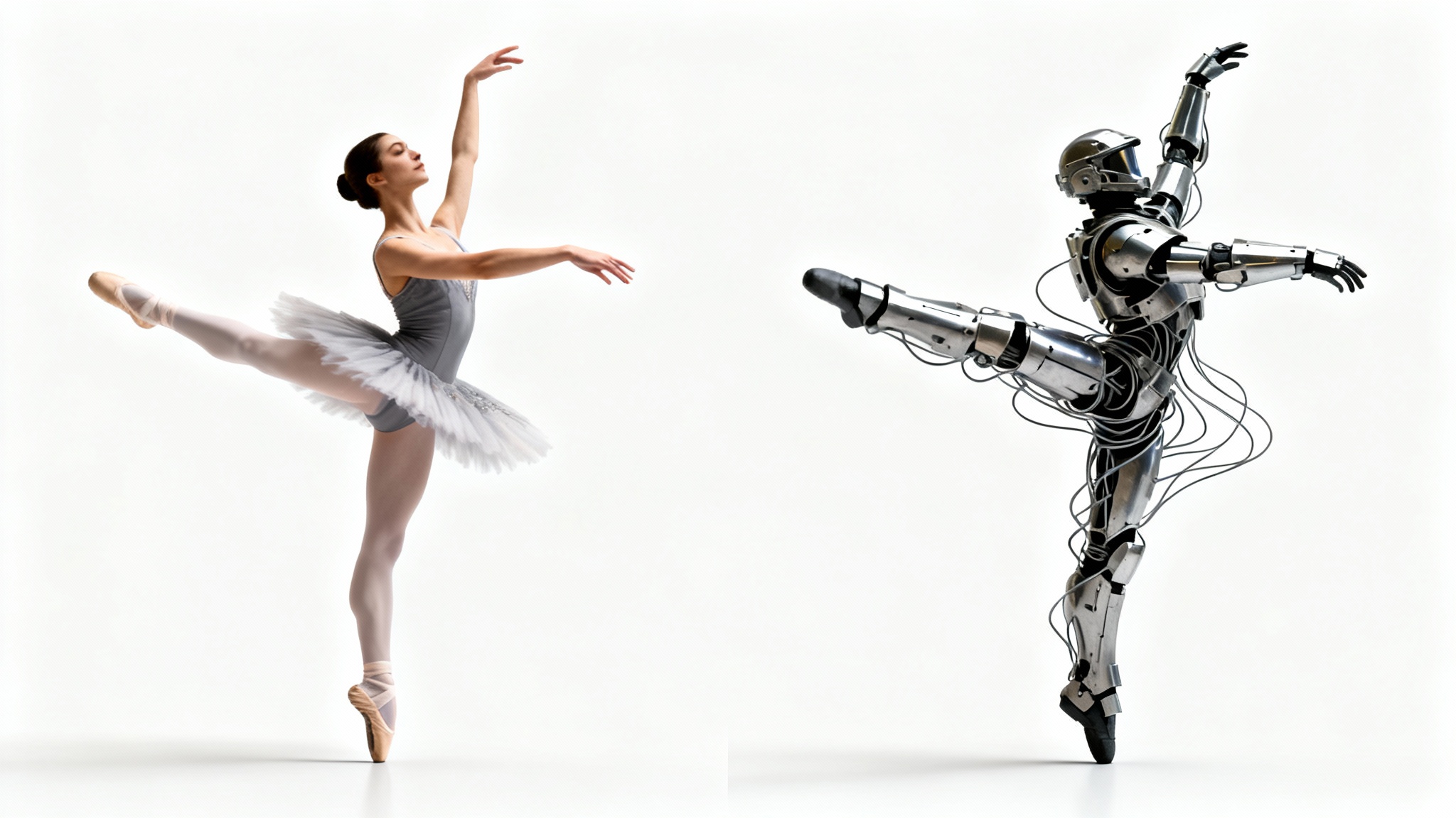 A conceptual image demonstrating body pose transfer. A ballet dancer in a graceful leap is shown next to a sci-fi soldier in heavy armor, who is mirroring the exact same ballet pose.