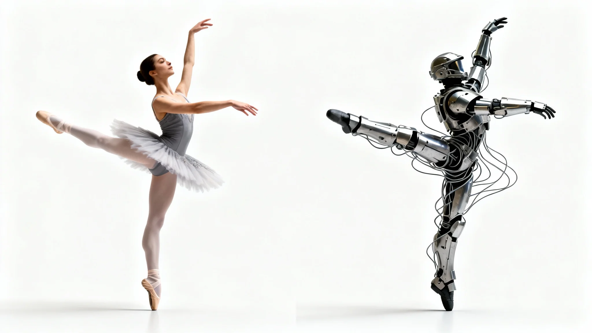 A conceptual image demonstrating body pose transfer. A ballet dancer in a graceful leap is shown next to a sci-fi soldier in heavy armor, who is mirroring the exact same ballet pose.